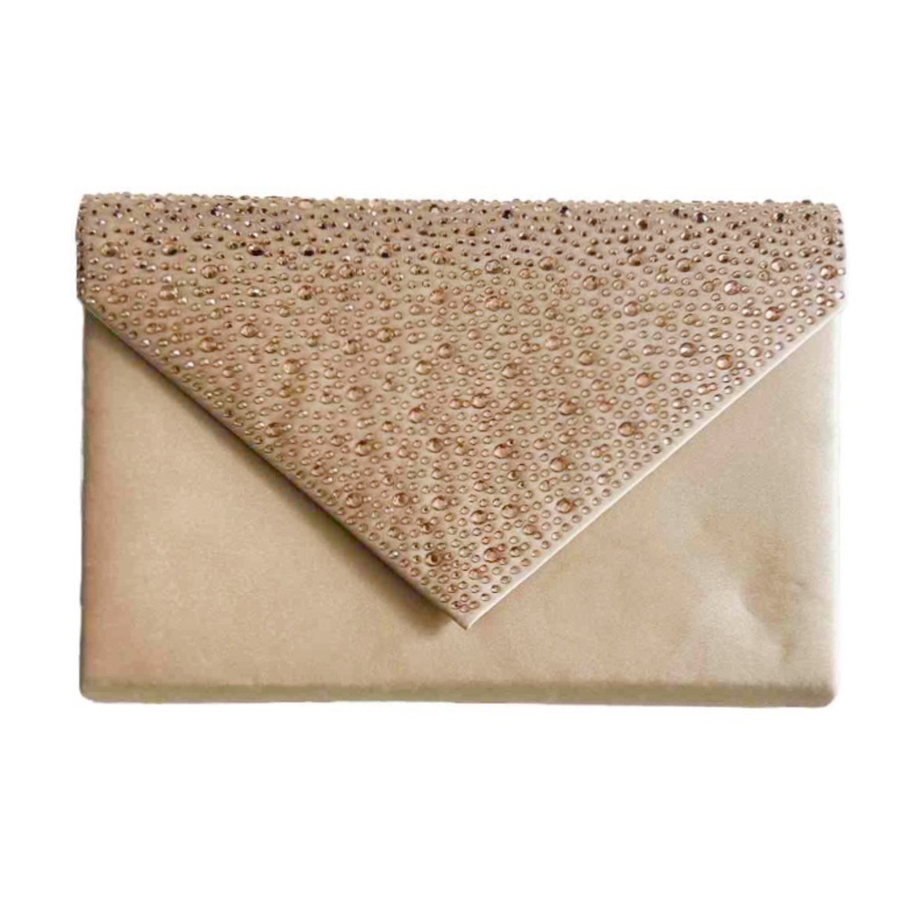 Le Chateau Champagne Light Pink Coral Beige Satin Rhinestone Shiny Clutch Purse